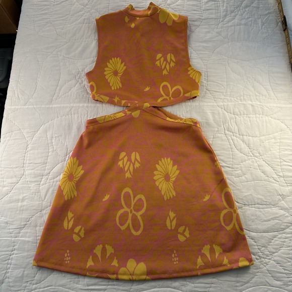 Zara Dress Womens S Orange Pink Floral 70s Boho Cutout Waist Mini Retro Vibes - Picture 10 of 15